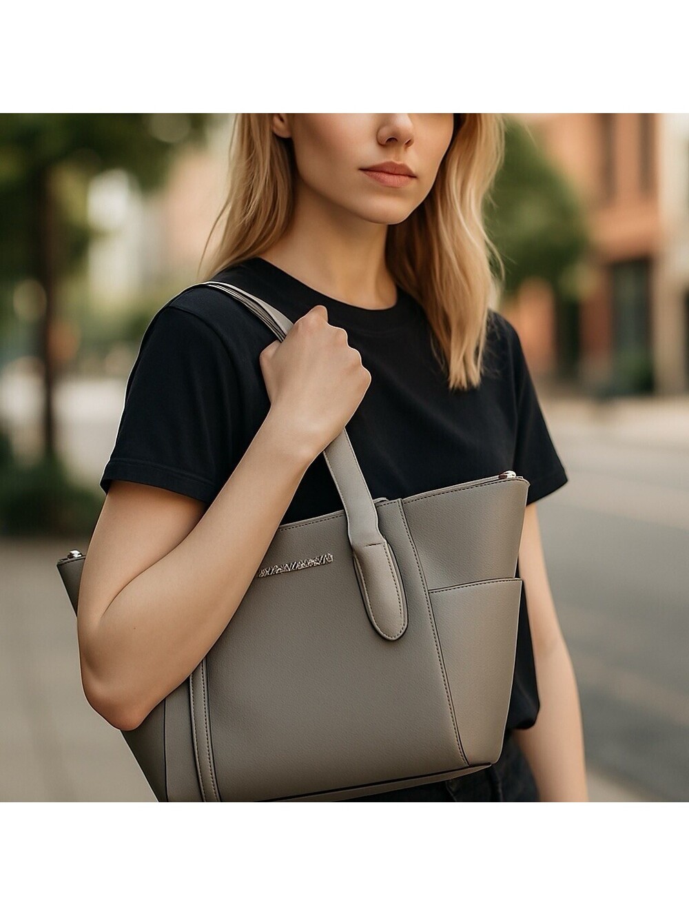 Michael Kors Charlotte Pearl Grey Top Zip Leather Tote Handbag New